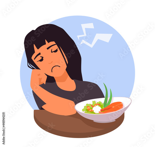 Eating disorder. A girl with no appetite for food. A woman not hungry, hate fish, seafood. Refusing to eat. A teenager disgust by meal. A vector cartoon illustration.