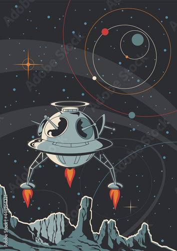Retro Future Style Space Illustration, Landing Module and Unknown Planet's Surface 