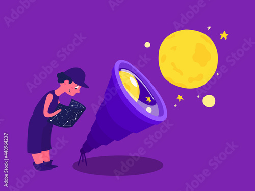 A kid astronomer standing near the telescope, learning astronomy. A boy studying space. A child looking at the moon. A vector cartoon illustration.