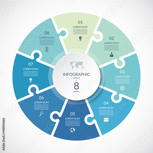 Vector infographic puzzle circular template. Cycle diagram with 8 parts, options. Can be used for chart, graph, report, presentation, web design.