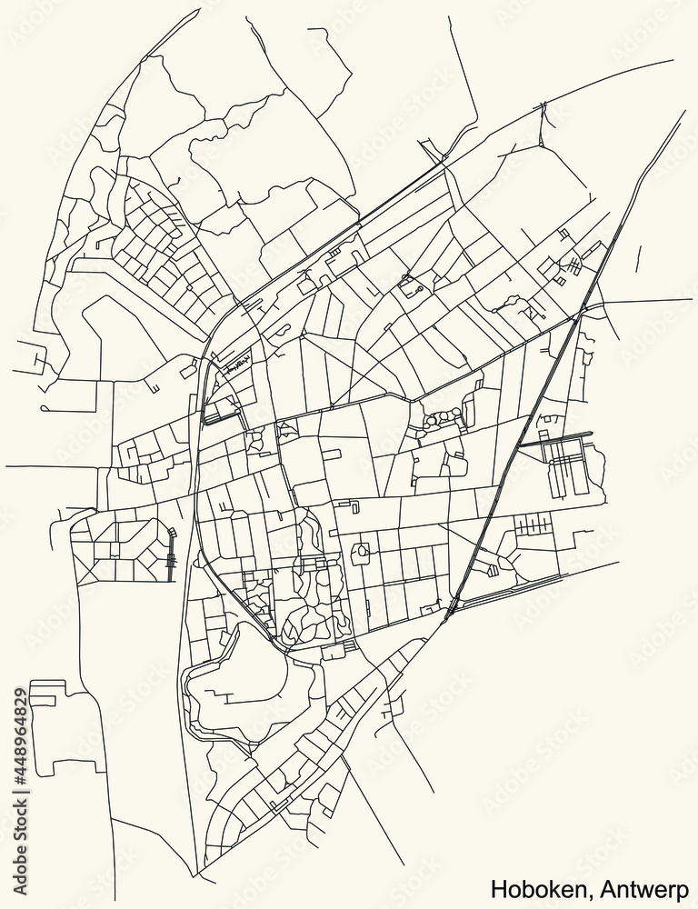 Black simple detailed street roads map on vintage beige background of the quarter Hoboken district of Antwerp, Belgium
