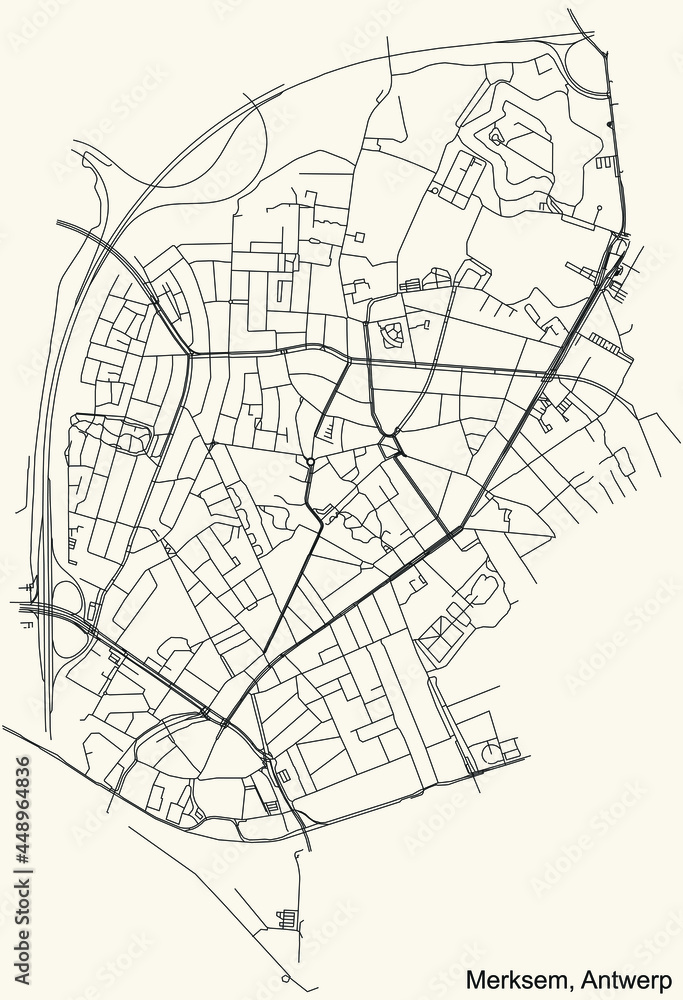 Black simple detailed street roads map on vintage beige background of the quarter Merksem district of Antwerp, Belgium