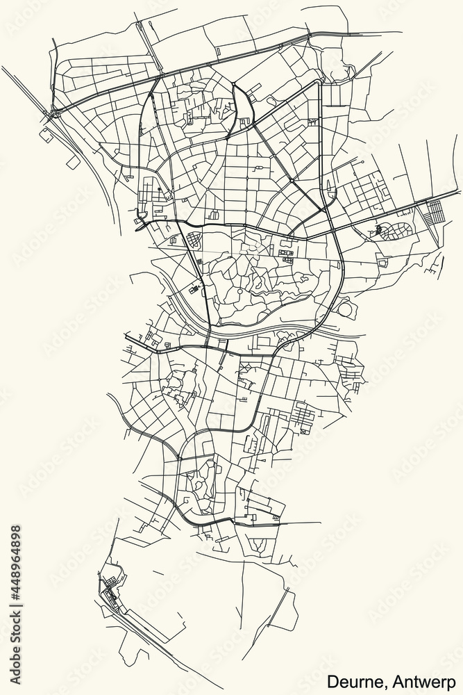 Black simple detailed street roads map on vintage beige background of the quarter Deurne district of Antwerp, Belgium