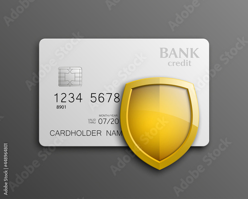 Protection shield credit card. Safety badge banking card. Safeguard finans icon. Security shield Plastic card software. Debit card guard electromagnetic chip. Privacy Electronic money funds transfer. photo