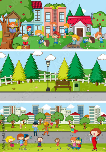 Fototapeta Naklejka Na Ścianę i Meble -  Set of different horizon scenes background with doodle kids cartoon character