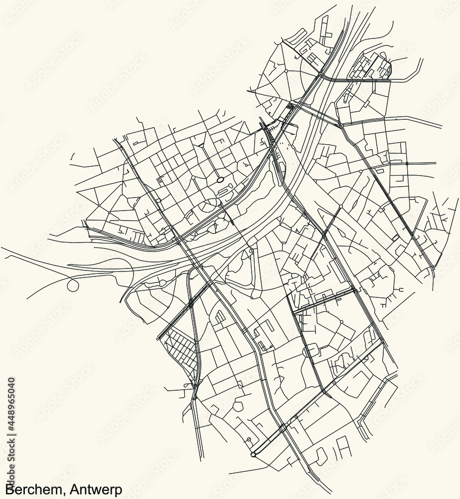 Naklejka premium Black simple detailed street roads map on vintage beige background of the quarter Berchem district of Antwerp, Belgium