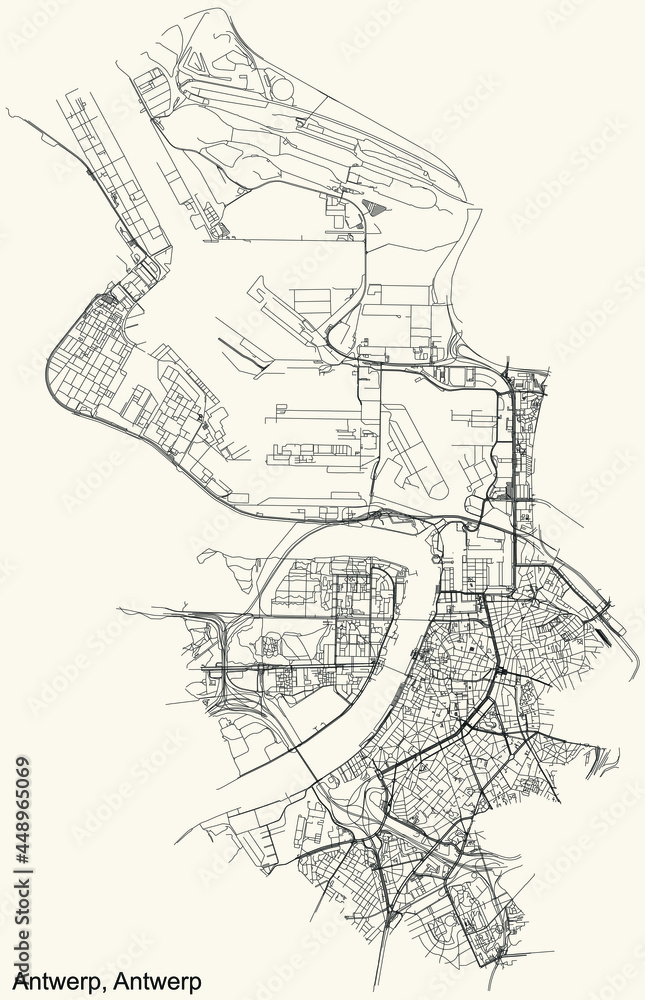 Black simple detailed street roads map on vintage beige background of the quarter Antwerpen district of Antwerp, Belgium