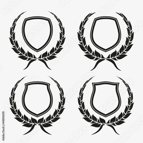 Protect guard shield wreath concept. Outline shield badge. Safety icon set. Privacy banner kit. Security label. Flat style protect garland sticker symbol shape. Safeguard simple sign wreath pictogram