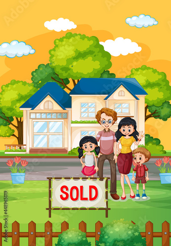 Outdoor scene with family standing in front of a house for sale
