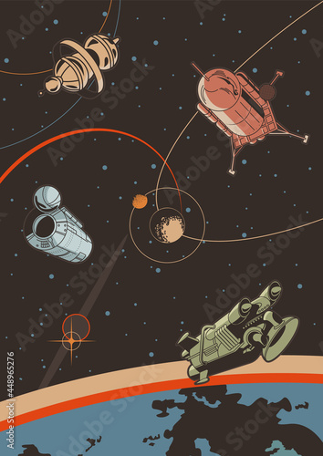 Fototapeta Naklejka Na Ścianę i Meble -  Retro Future Style Space Illustration, Spacecraft, Orbital Station, Planet