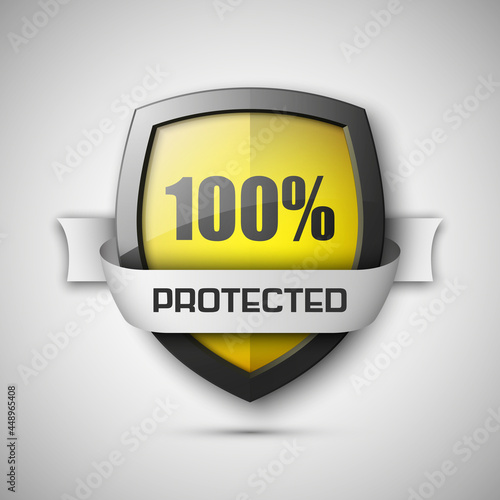 100% Protected guard shield concept. 100% safety badge icon. Privacy guarantee shield banner. Security guarantee label. Defense tag. Presentation shining sticker shape. Defense safeguard shield