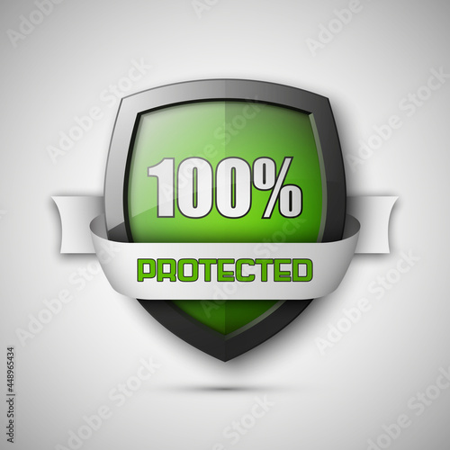 100% Protected guard shield concept. 100% safety badge icon. Privacy guarantee shield banner. Security guarantee label. Defense tag. Presentation shining sticker shape. Defense safeguard shield