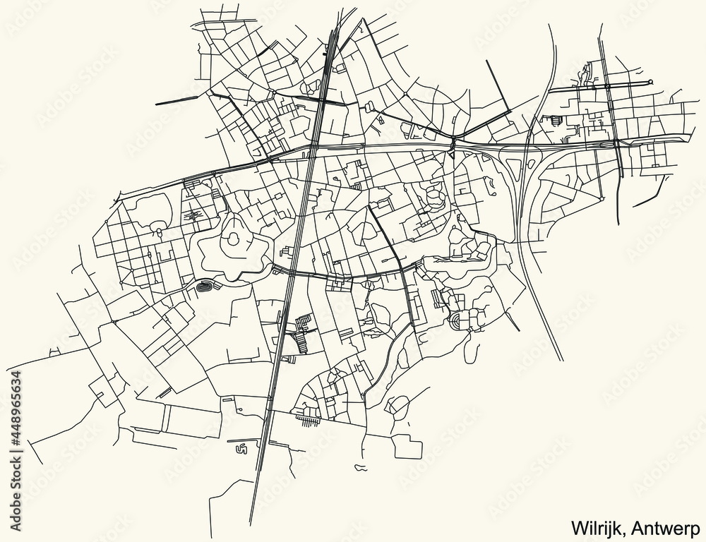 Black simple detailed street roads map on vintage beige background of the quarter Wilrijk district of Antwerp, Belgium
