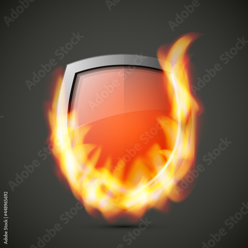 Protected guard shield concept in flame. Safety badge smoke fire icon. Privacy banner shield. Security label. Defense tag flame. Presentation sticker flame shape. defense safeguard shield smoke