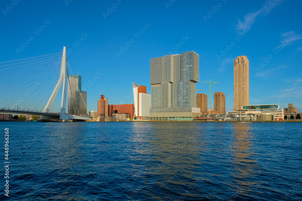 Rotterdam skyscrapers skyline and Erasmusbrug bridge over of Nieuwe Maas river. Rotterdam