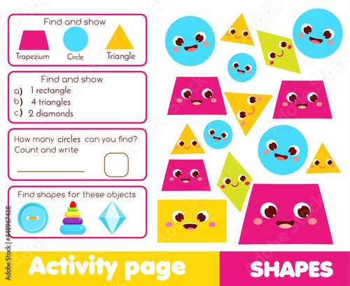 Geometric Shapes activity page for kids. Educational children game list for learning forms