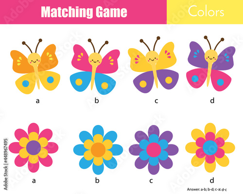 Matching children educational game. Match by color. Make pairs of butterfly and flowers. Activity for kids and toddlers