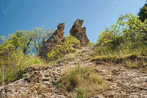 Spring Landscape with hiking path from forest in Karadag nature reserve, Crimea, Ukraine photo