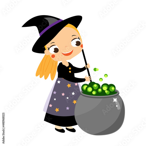 Cartoon Halloween witch make potion in cauldron. Cute charcter of magician girl in costume for children