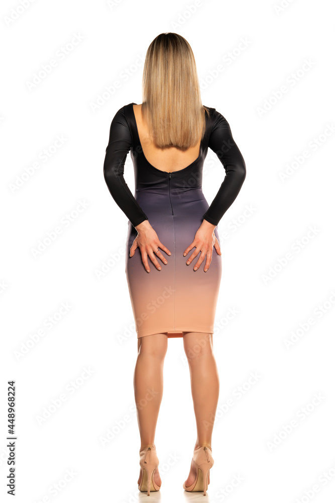 rear view of a young woman in a tight dress and long blond hair touching her buttocks rear view of a young woman in a tight dress and long blond hair touching her buttocks
