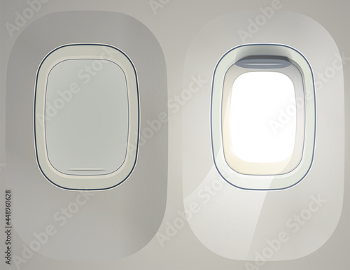 Set of vector realistic empty aircraft windows with curtains in different positions and blank copyspace inside. Mockup for your design