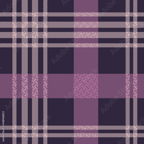 Tartan plaid pattern seamless vector background. Multicoloured dark check plaid in pink and purple for flannel shirt, blanket, throw, or other modern textile design. Herringbone woven texture.