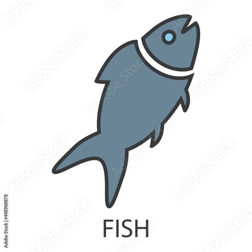 The fish icon with the inscription. A gray-blue fish with a gray outline. A product that causes an allergic reaction. Vector illustration isolated on a white background for design and web.