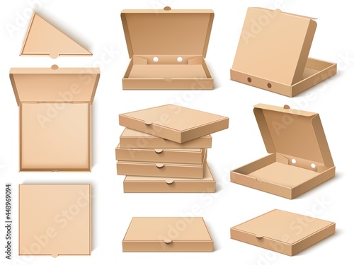 Cardboard pizza box. Realistic craft paper food packing template, open, closed, different viewing angles, single objects, stacks vector set