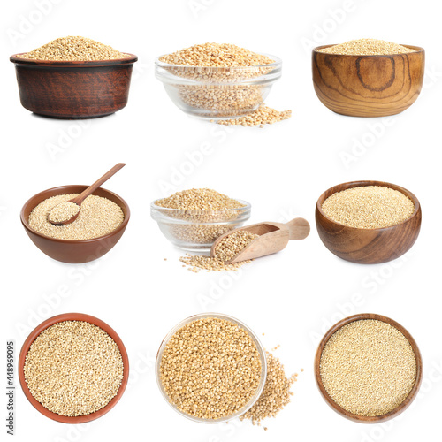 Set with raw quinoa in white background