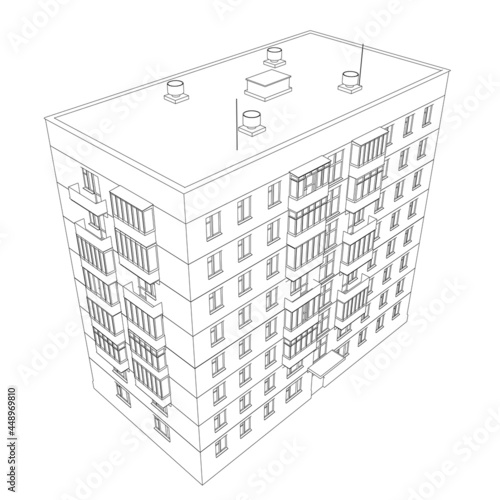 Contour of a multi-storey residential building from black lines isolated on a white background. 3D. Vector illustration