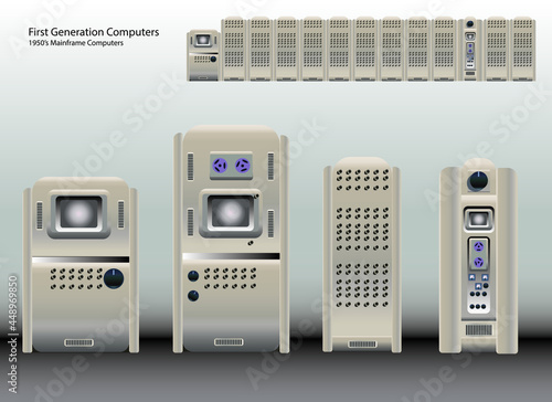 1950's era old-fashioned first generation maiframe computer consoles. Atompunk and dieselpunk ski-fi concept art. Realistic vector illustration. 