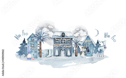 Cute xmas card with a decorated snowy old town at Christmas eve hand drawn blue colorful watercolor isolated illustration with snowman, santa, winter palm
