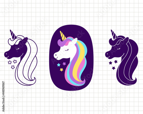 Unicorn face head cartoon clip art. Silhouette vector flat illustration. Cutting file. Suitable for cutting software. Cricut, Silhouette.