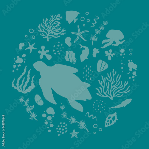 Abstract illustration of summer time concept. Underwater set of silhouettes. .Marine life, shells, seaweed. Flat vector illustration of round shape.