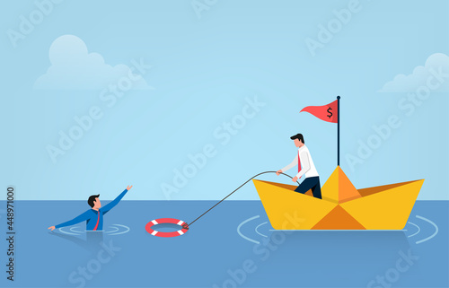 Business help other with lifebuoys vector illustration. Bankruptcy and government bailout symbol with businessman on paper boat and drowning man to life preserver. photo