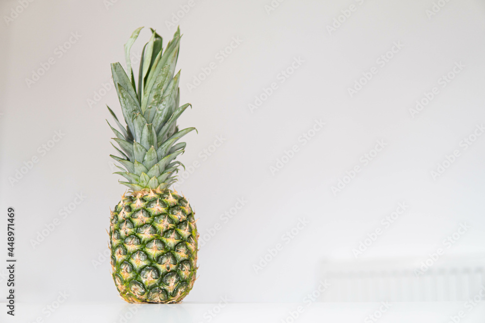 Fresh ripe pineapple fruit, pineapple fruit slices isolated. Juicy fruit design elements composition with focus stacking, white background. Tasty raw whole tropical fruit, healthy nutrition concept