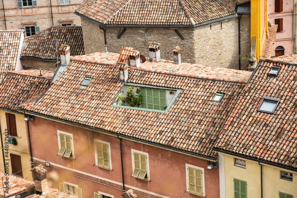 Brisighella, Ravenna, Emilia-Romagna, Italy.Close up aerial view of the ancient city with tiled roofs.Old Town Brisighella, Ravenna, Emilia-Romagna, Italy.Close up aerial view of the ancient city with tiled roofs.Old Town