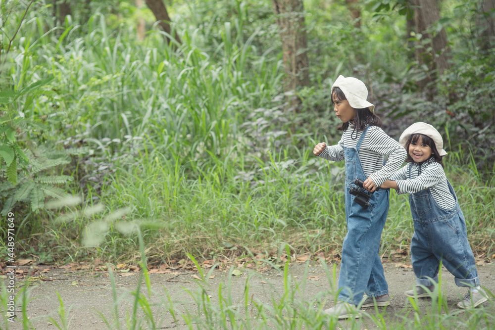 Children are heading to the family campsite in the forest Walk along the tourist route. Camping road. Family travel vacation concept. Children are heading to the family campsite in the forest Walk along the tourist route. Camping road. Family travel vacation concept.