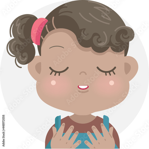 faith little girl face positive emotions of african kid. child expressing concentration, prayer and eyes closed