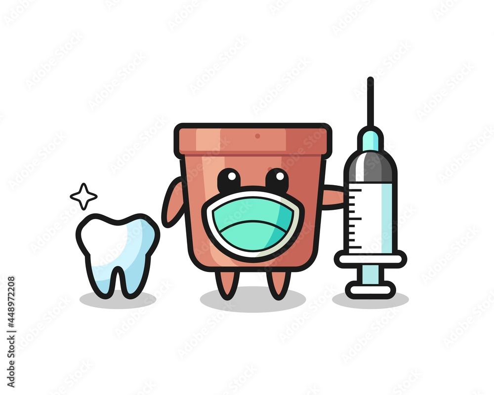 Mascot character of flowerpot as a dentist
