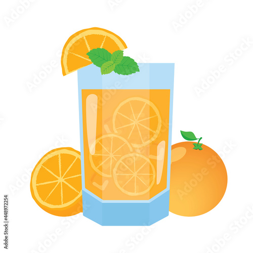 Glass of fresh orange juice with oranges and mint leaf icon vector. Glass with fresh orange ice summer drink vector isolated on a white background