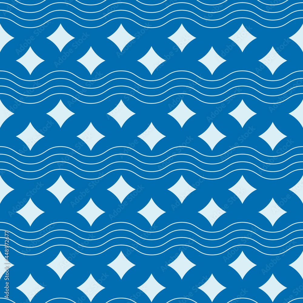 Four ray star and waves. Vector seamless white stars and waves. Four ray star and waves. Vector seamless white stars and waves.