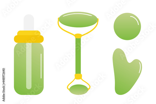 Jade stone gua sha roller, beauty tools and bottle of oil set, collection for massage, spa, beauty treatments design.
