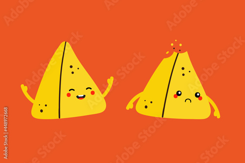Couple of cartoon style samosa, indian baked savory pastry characters, cute and smiling and sad with bite mark.
