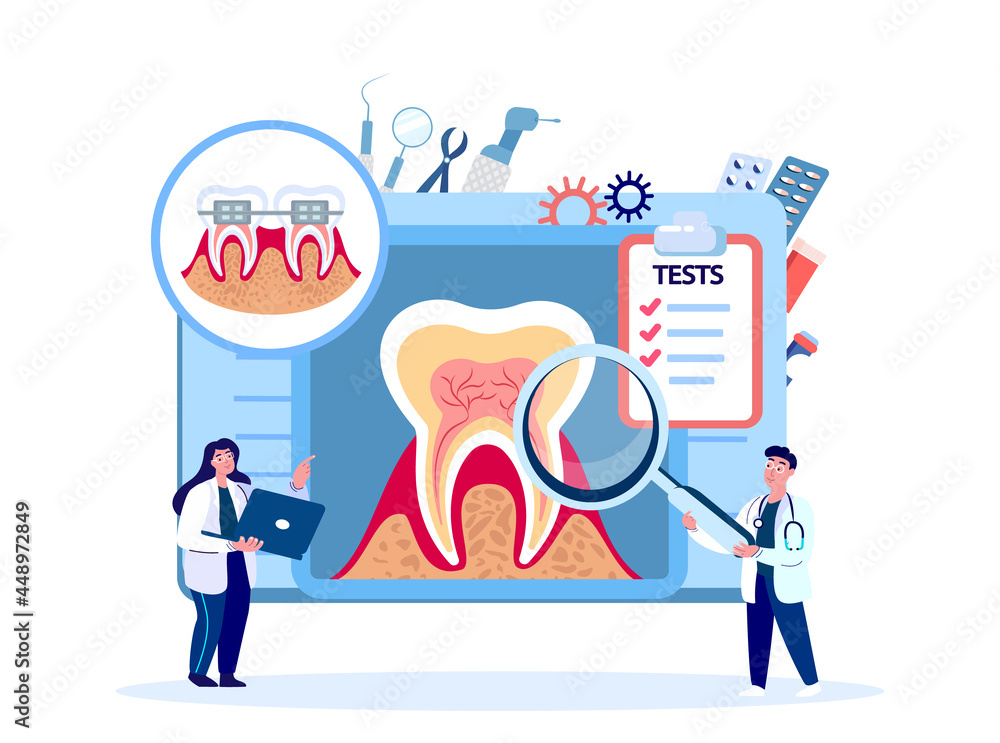 Dentists Scientists,Stomatologists Doctors Examine Tooth Roots and Nerves.Dentristy Teeth Research Trial.Clinical Investigation.Online Medical Council Diagnostics.Digital Treatment.Vector Illustration