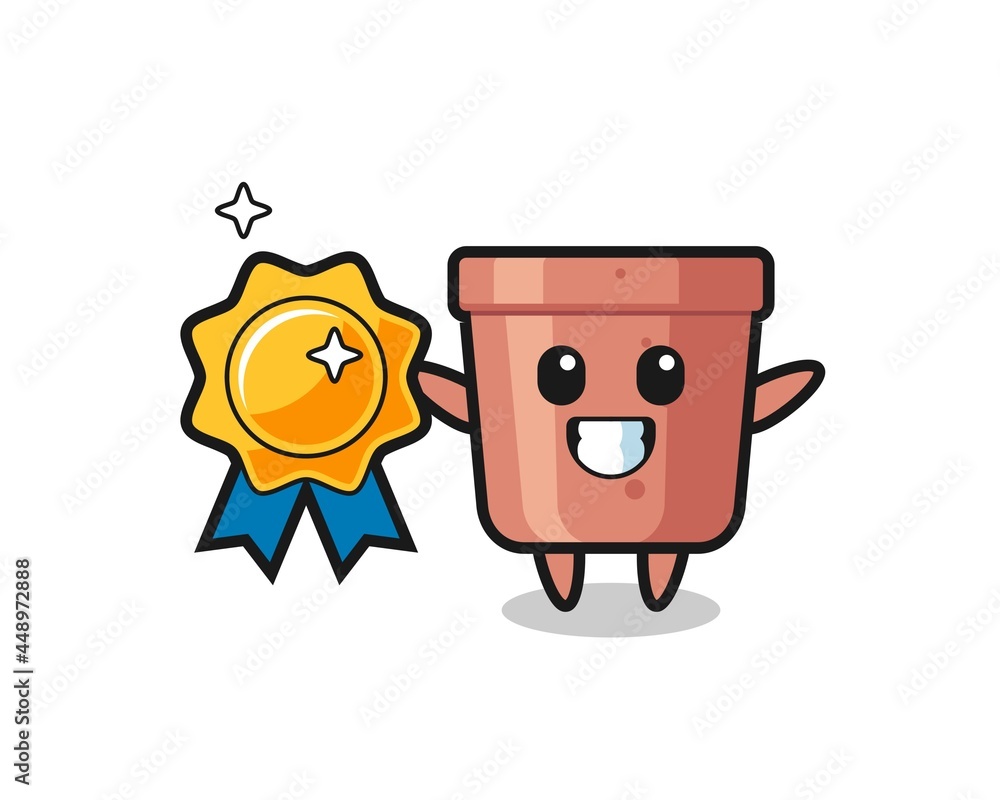 flowerpot mascot illustration holding a golden badge flowerpot mascot illustration holding a golden badge