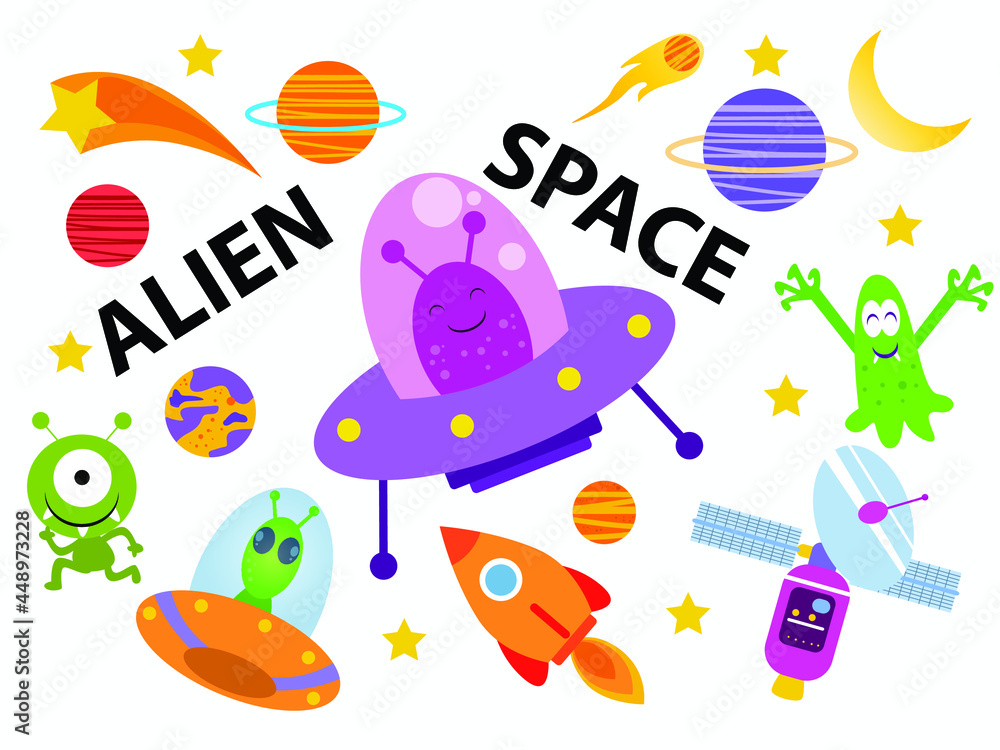 Alien and space hand drawn Doodle cartoon set of objects and symbols