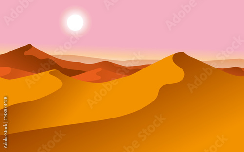 Drawing of the desert. Orange dunes, pink sky, white sun
