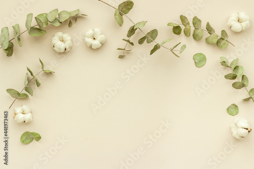Flat lay with green eucalyptus branches and cotton flowers. Top view