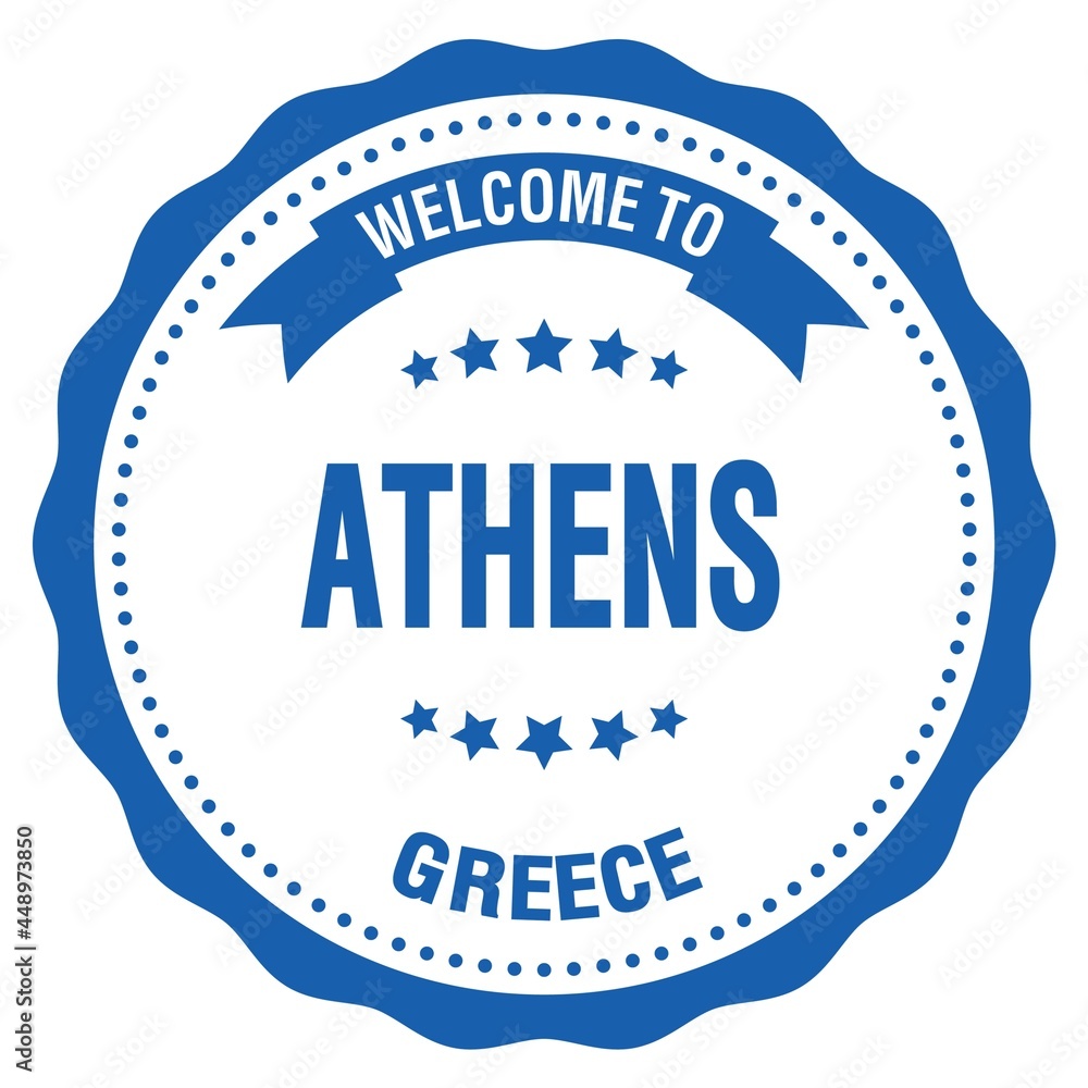 WELCOME TO ATHENS - GREECE, words written on greek blue stamp